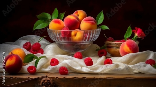 An artistic composition featuring a bowl of sliced peaches and a handful of sweet raspberries