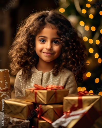 Joyful Little Arab Girl Celebrating Christmas with Gifts by the Christmas Tree.  Generative AI. © Dangubic