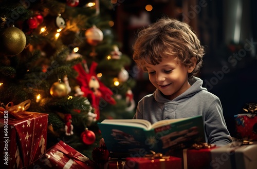 Joyful Little Arab Boy Celebrating Christmas with Gifts by the Tree. Generative AI.