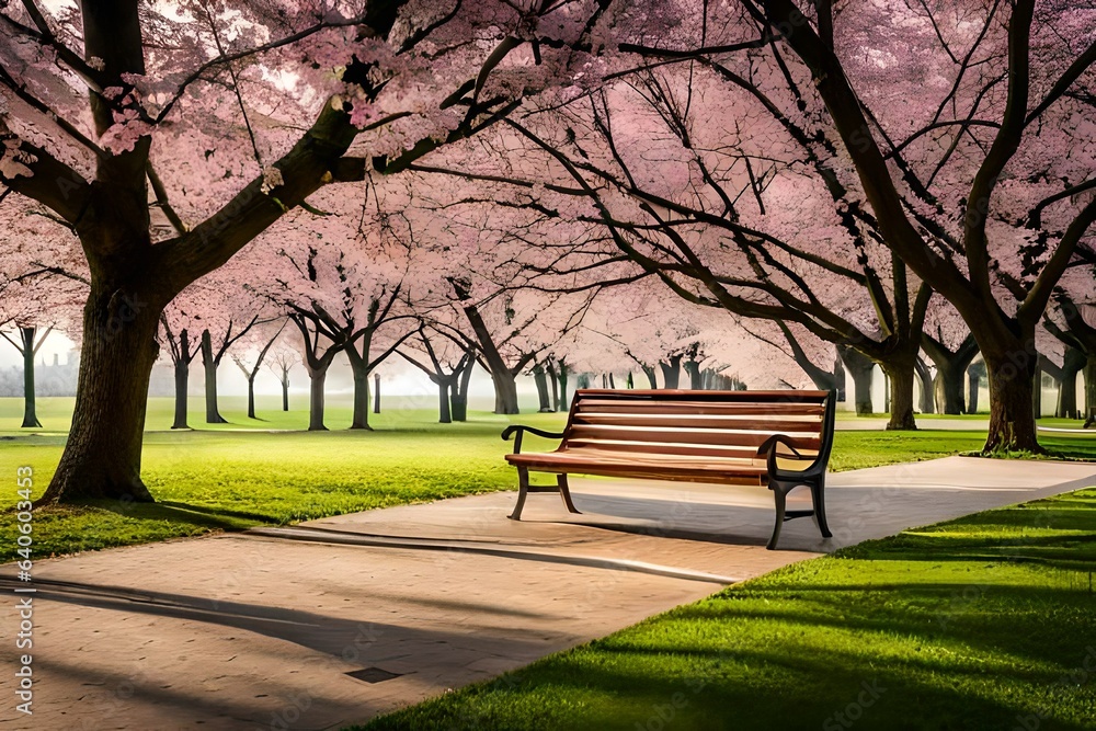 Benches in the park with blossoming cherry trees