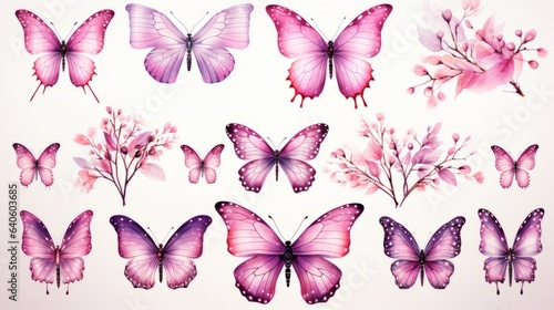 DIFFERENT SPECIES OF BUTTERFLIES ON WHITE BACKGROUND. COLLECTION OF ELEGANT EXOTIC BUTTERFLIES.