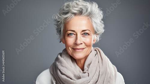 Portrait of beautiful senior woman with white hair isolated on gray wall background.