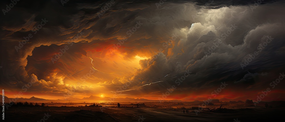 Naklejka premium Golden amber and smoky gray colliding, capturing the essence of a stormy sunset where dark clouds meet the sun's last rays