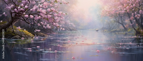 A delicate ballet of pastel pink, lavender, and soft mint hues, creating ripples that echo the softness of spring blossoms in a serene pond