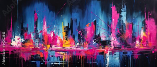 Bold strokes of neon green, electric blue, and shocking pink, swirling dynamically, channeling the energy and vibrance of a city nightlife