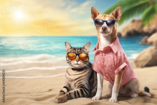 cat and dog wearing shirt and sunglasses on the beach