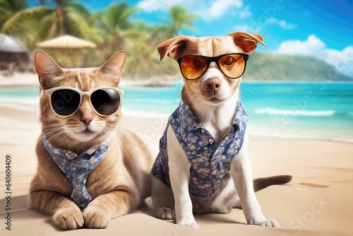 cat and dog wearing shirt and sunglasses on the beach © drimerz
