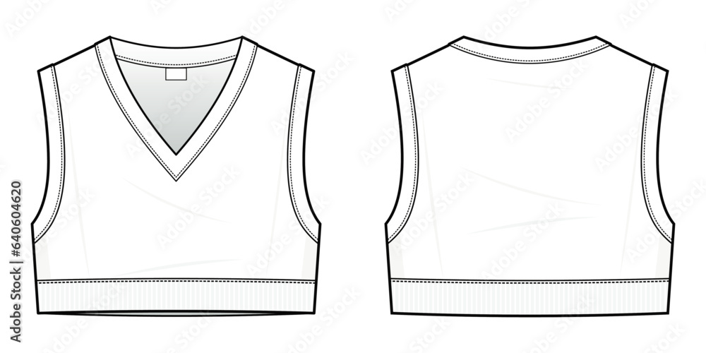 Crop Sweater Vest technical fashion illustration. Sweater Vest fashion flat technical drawing