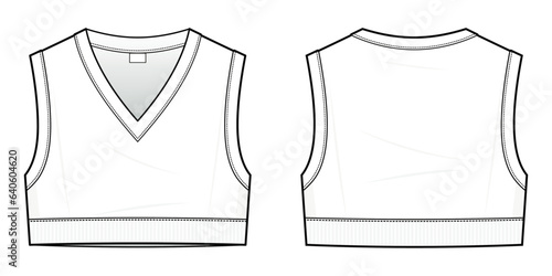 Crop Sweater Vest technical fashion illustration. Sweater Vest fashion flat technical drawing template. front and back view. Cropped. unisex. white color. CAD mockup.