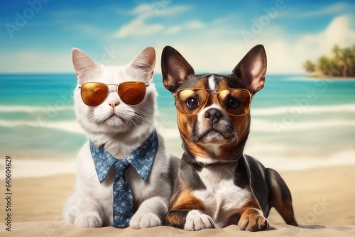 cat and dog wearing shirt and sunglasses on the beach © drimerz