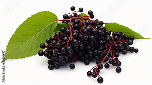 Elderberries with twig and leaf isolated on white background