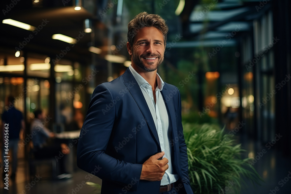 A handsome businessman in a suit in the office. A handsome businessman in a suit in the office.