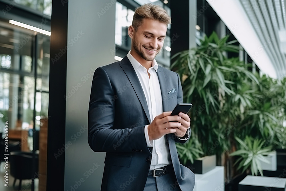A handsome businessman with phone in the office. A handsome businessman with phone in the office.