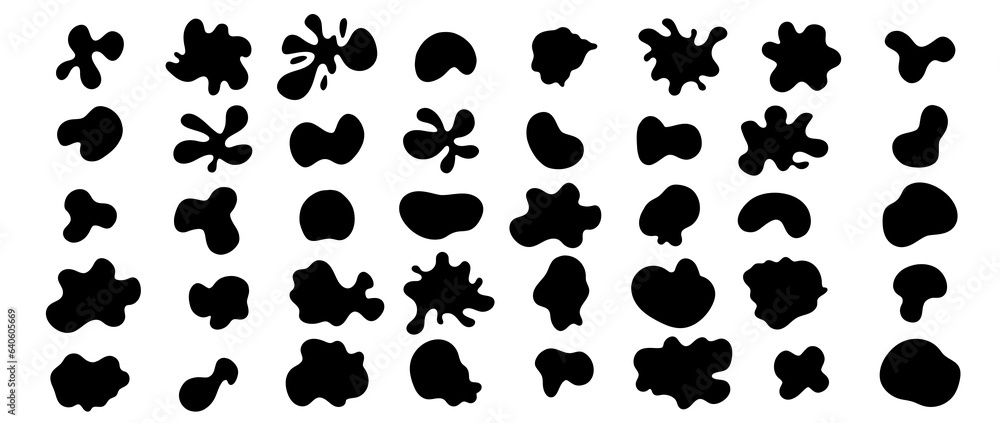 Fototapeta premium Random shape set. Big collection of organic black amoeba blobs. Abstract fluid splashes, irregular bubble silhouettes. Vector simple illustration