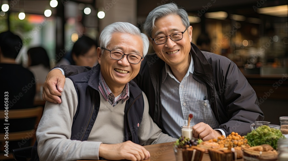 Portrait of happy Chinese elderly friends males enjoying time together after so many years of friendship Portrait of happy Chinese elderly friends males enjoying time together after so many years of friendship