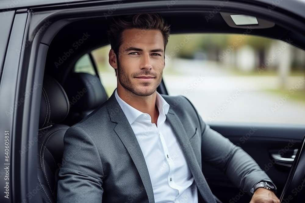 Attractive elegant happy man in good car.