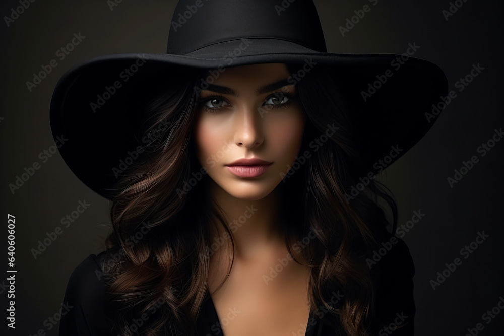 Dramatic dark studio portrait of elegant and sexy young woman in black wide hat and black dress. Dramatic dark studio portrait of elegant and sexy young woman in black wide hat and black dress.
