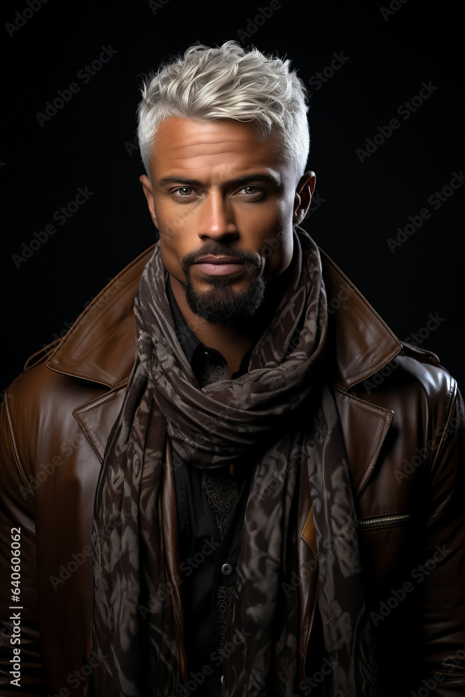 full-length photo in the studio of a dark-skinned handsome guy with white hair and blue eyes standing on a dark background with a serious facial expression in brown.