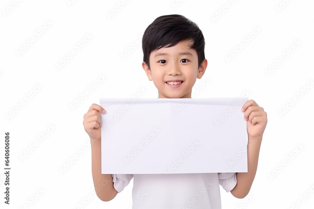 Happy Asian Scholl boy holding blank white banner sign, isolated studio portrait . Happy Asian Scholl boy holding blank white banner sign, isolated studio portrait .