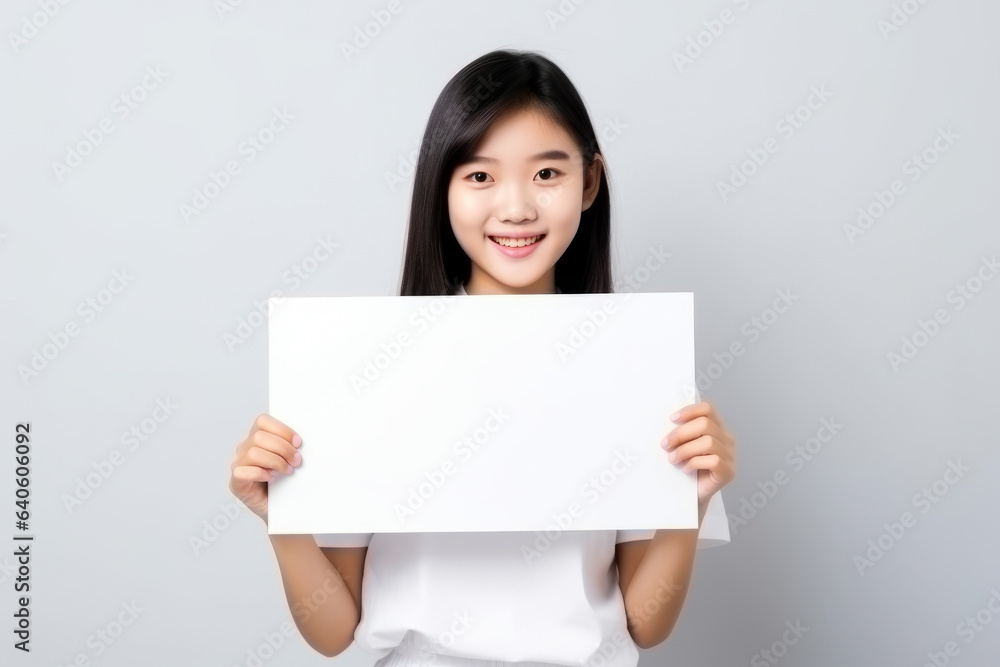 Happy asian scholl girl holding blank white banner sign, isolated studio portrait. Happy asian scholl girl holding blank white banner sign, isolated studio portrait.