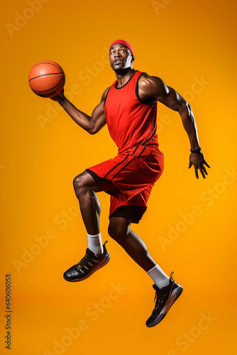Full length portrait of black man in red shirt, black cap and grey shorts playing basketball. Studio, yellow background.