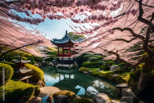wooden castle with cherry blossom trees
