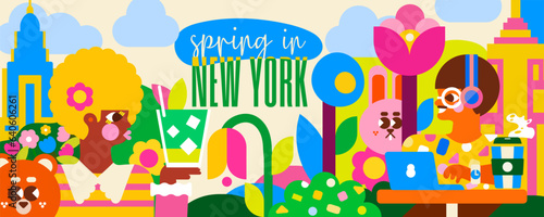 Immerse yourself in spring in New York with this vibrant illustration. Feel the energy of the city among the people  the green park and the famous skyscrapers.