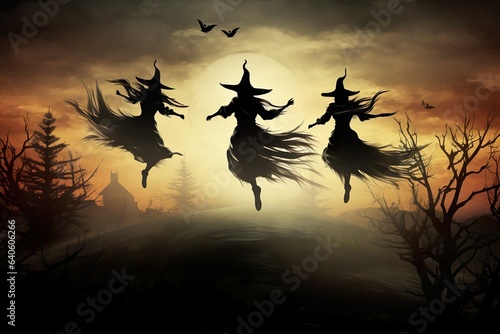 Halloween night background with witch silhouette 