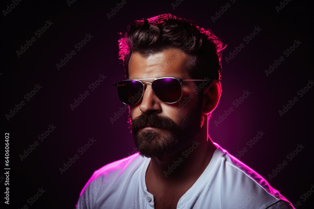 Neon light studio close-up portrait of serious man model with mustaches and beard in sunglasses and white t-shirt on dark studio background. Neon light studio close-up portrait of serious man model with mustaches and beard in sunglasses and white t-shirt on dark studio background.
