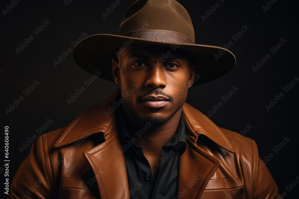 Portrait of a dark-skinned handsome man looking to the side. Dressed in a brown jacket and black hat. Portrait on black background. Portrait of a dark-skinned handsome man looking to the side. Dressed in a brown jacket and black hat. Portrait on black background.