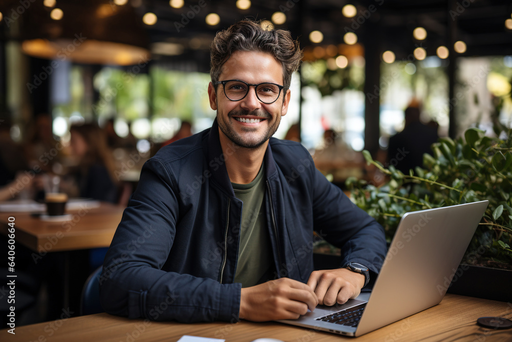Satisfied young man with glasses sitting at a desk and doing paperwork at his workplace. Satisfied young man with glasses sitting at a desk and doing paperwork at his workplace.