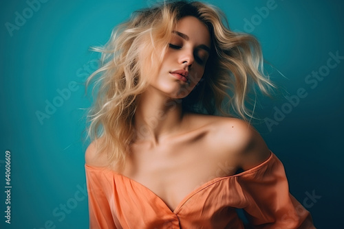 Portrait of young pretty blonde woman in light orange dress in studio with turquoise background.