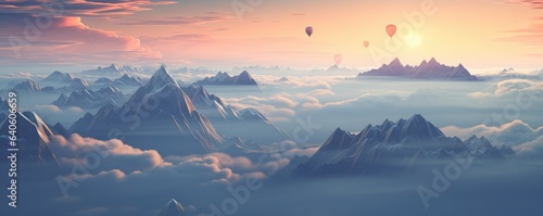 A hot air balloon is flying over foggy mountains high in air  panorama. Generative Ai.