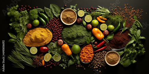 Spices and herbs on dark background.