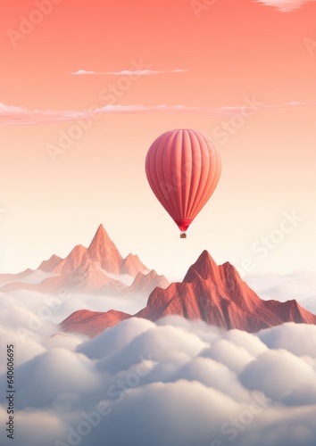 A hot air balloon is flying over foggy and cloudy mountains high in air. Generative Ai.