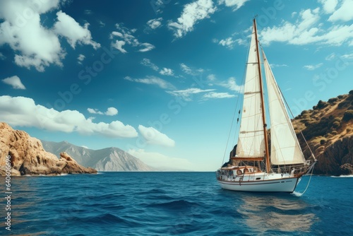 The boat is sailing on the blue Mediterranean sea. View from the deck. Yacht sails the open sea on a sunny day.