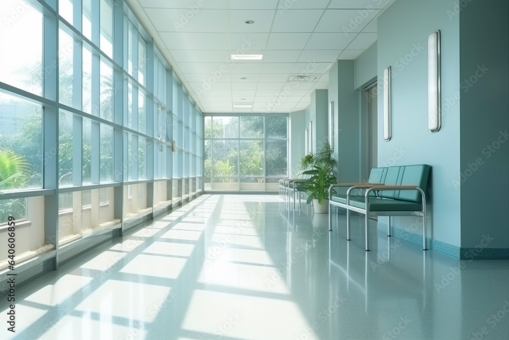 Natural light in an empty waiting room hallway in a clean simple hospital. Health concept suitable for diagnosis and treatment.