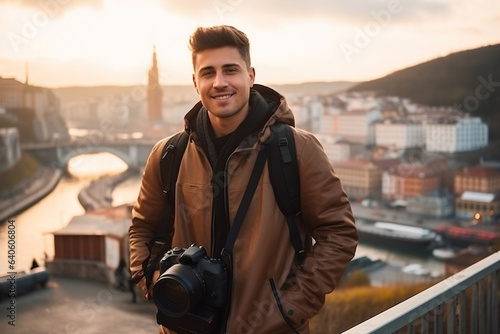 Young man photographer takes photographs with dslr camera in a city. Travel, vacations, professional freelance work and active lifestyle concept. © wolfhound911