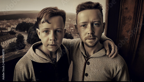 Geschwisterliebe mit Vertrauen und Geborgenheit Zusammenhalt in der Familie 2 Brüder altertümlich Generative AI  photo