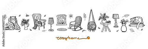 Cute set of cozy home and cozy autumn. Vector illustration in doodle style. Great for decoration interior, print posters, banner, decoration, packaging. Isolated on white background.
