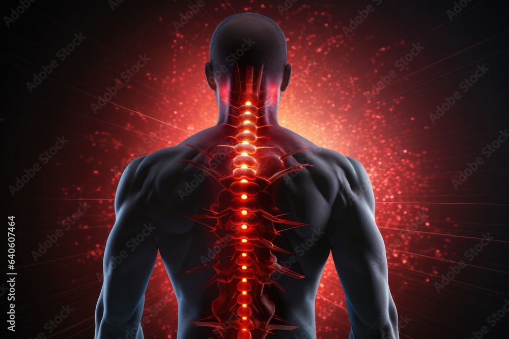 Back pain illustration like 3D model of hurting body in need of pills and hospital. Generative Ai. Back pain illustration like 3D model of hurting body in need of pills and hospital. Generative Ai.