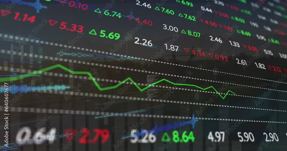 Animation of computer language and trading board over transmission towers and buildings Animation of computer language and trading board over transmission towers and buildings