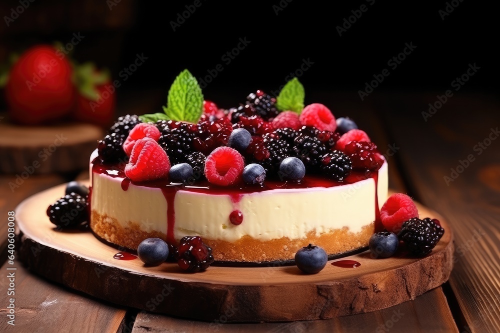 Perfect cheesecake on table with fresh natural berries, sweet food. Generative Ai. Perfect cheesecake on table with fresh natural berries, sweet food. Generative Ai.