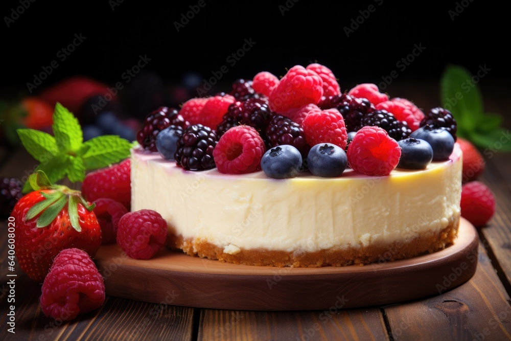 Perfect cheesecake on table with fresh natural berries, sweet food. Generative Ai. Perfect cheesecake on table with fresh natural berries, sweet food. Generative Ai.