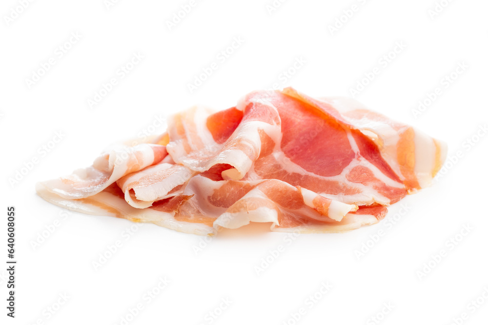 Italian panchetta piancetina. Sliced smoked bacon isolated on white background. Italian panchetta piancetina. Sliced smoked bacon isolated on white background.