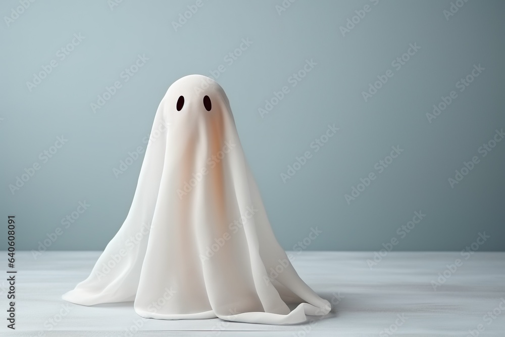 cute creepy halloween ghost with copy space on sky background cute creepy halloween ghost with copy space on sky background