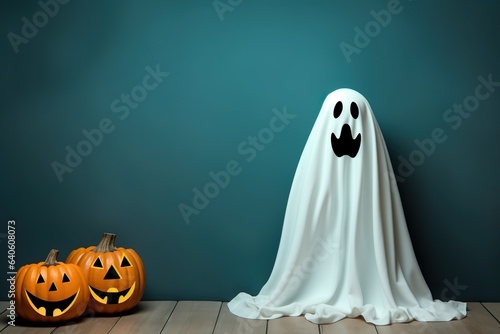 cute creepy halloween ghost with copy space on sky background © Azra