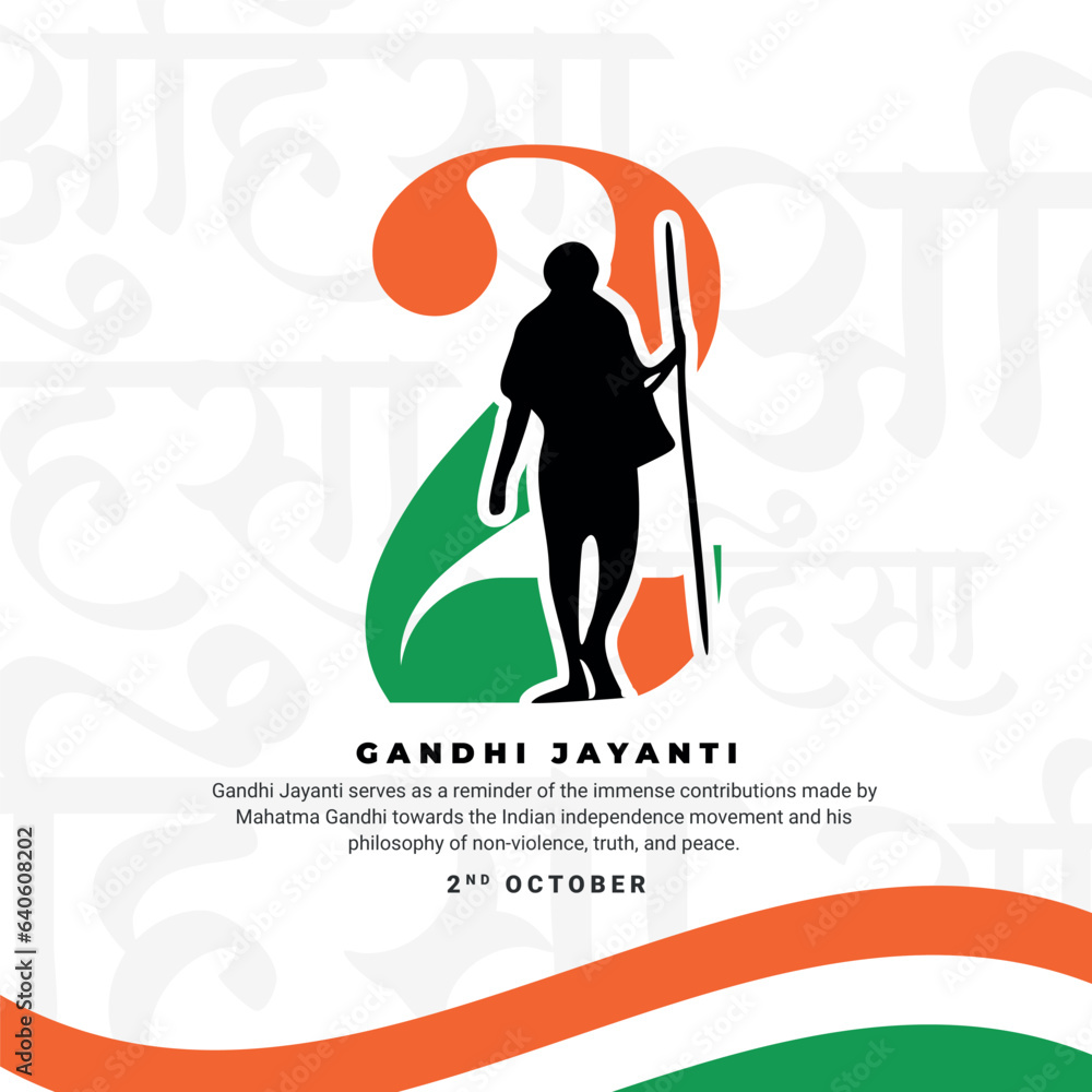 Gandhi Jayanti holiday celebration in India on the 2nd of October Social Media Post In Hindi Calligraphy, In Hindi Gandhi Jayanti and Ahinsa Satya means Birthday Of Gandhiji and Non-Violence truth
