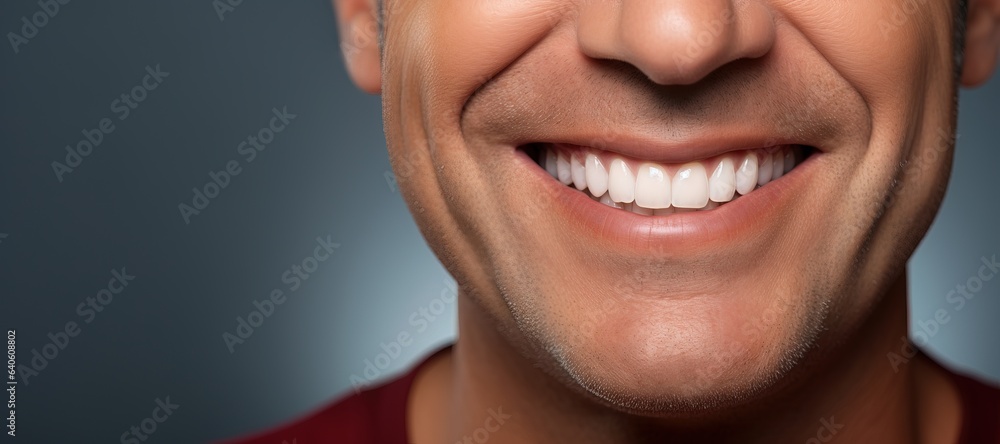 Fototapeta premium Smiling mature man on a white background. Perfectly straight teeth. Dentistry and teeth whitening concept.