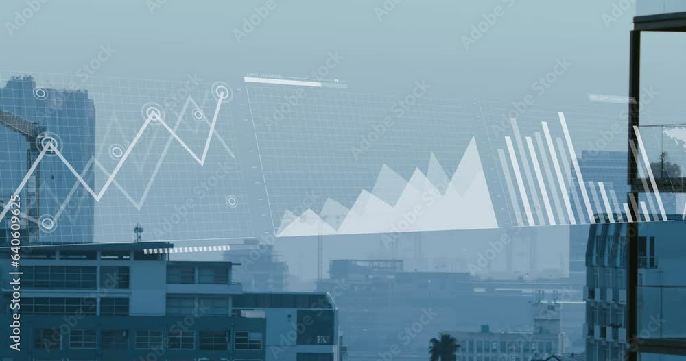 Animation of multiple graphs, loading circles and map over modern buildings against sky